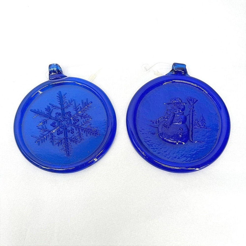 Pressed Glass Window Christmas Ornaments Cobalt Blue Snowman Snowflake Round